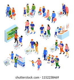 Isometric set of icons with families doing shopping in supermarket isolated on white background 3d vector illustration