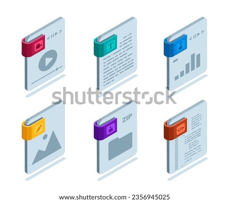 isometric set of icons of files of different formats in color on a white background, images and video, audio and text, code and archive