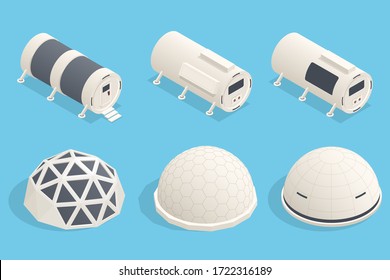 Isometric set icons of future home for humans on the red planet. Space laboratory, life on mars, alien planet. Mars Colonization