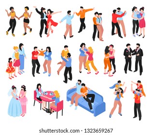 Isometric set of icons with homosexual gay and lesbian couples and families with children isolated on white background 3d vector illustration