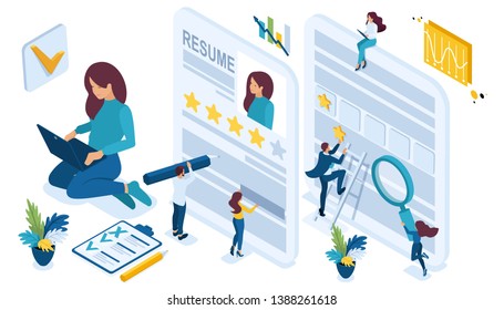 Isometric Set Of Icons For Job Search. The Girl Writes A Resume For The Device To Work. Little People Help To Issue Documents