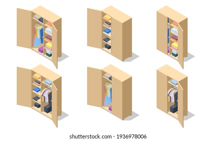 Isometric set icons of large wardrobes closets with clothes and home stuff. Big wardrobe with different clothes and accessories.