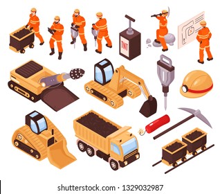 Isometric set of icons with mining machinery and miners isolated on white background 3d vector illustration