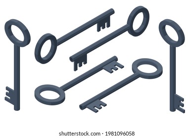 Isometric set icons of old door key isolated on white background. Classic old door key black color.