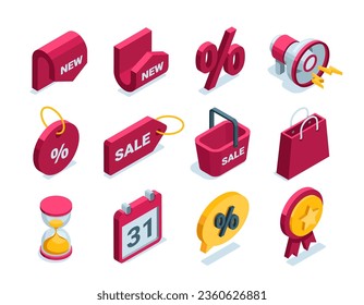 isometric set of icons on the theme of sale in color on a white background, a price tag with a shopping cart and a loudspeaker with a percentage, as well as a clock and a calendar