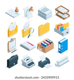 isometric set of icons on the theme of working with papers, in color on a white background, a typewriter with folders and documents