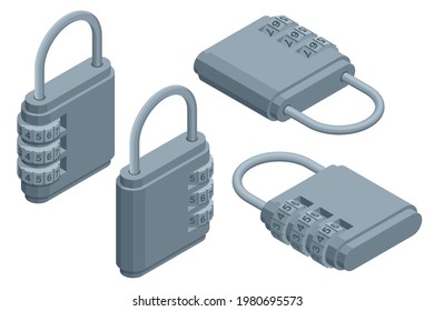 Isometric Set Icons Of Padlocks Combinations Isolated On White Background. Number Combination Security Code Black Pad Lock