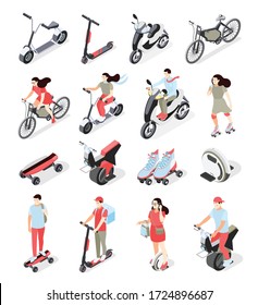 Isometric set of icons with people riding personal transport scooter bike motorcycle roller skates monocycle isolated on white background 3d vector illustration