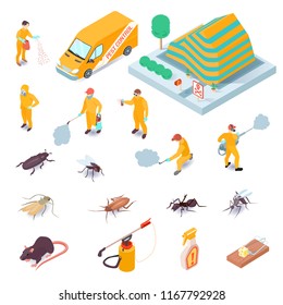 Isometric set of icons with pest control service specialists their equipment insects and rodents 3d isolated vector illustration