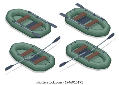 Isometric set icons of rubber inflatable boats for fishing, hunting and recreation. Inflatable rubber boat for fishing or hunting on the water