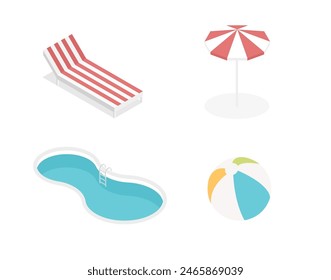 Isometrisches Set Icons des Sommerurlaubs am Pool. Schwimmbad, Sonnenschirm. Vektorillustration isoliert auf weißem Hintergrund