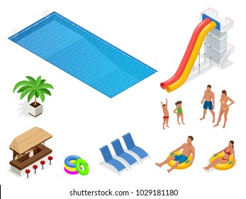 Isometric set icons of Summer water park holiday . Swimming pool and water slides. Vector illustration isolated on white background
