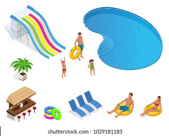 Isometric set icons of Summer water park holiday . Swimming pool and water slides. Vector illustration isolated on white background