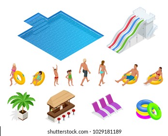 Isometric set icons of Summer water park holiday . Swimming pool and water slides. Vector illustration isolated on white background