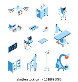 Isometric set of icons with surgical equipment instruments and operating room interior isolated on white background 3d vector illustration