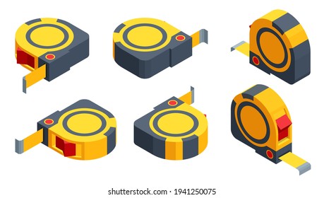 Isometric set icons of tape measure isolated on white background. Tape-line, Tape measure for construction work.