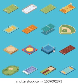 Isometric set of icons with various sport fields lanes courts rings isolated on blue background 3d vector illustration