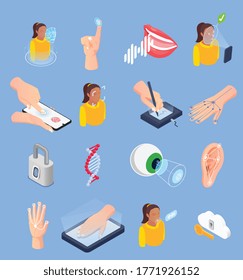 Isometric set of icons with various ways of biometric recognition using face voice fingerprint digital signature veins matching isolated vector illustration