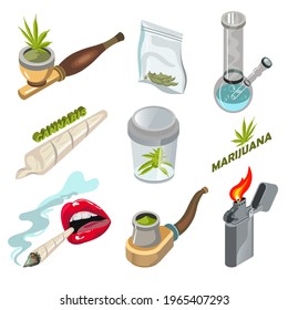 Isometric, set of images on the theme of marijuana. Pipe, bong, bump, joint, lighter, open mouth, lips, poketik with grass. Cut out omens on a white background.