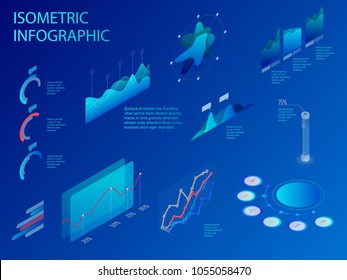 Isometric set of infographics with data financial graphs or diagrams, information data statistic and design elements