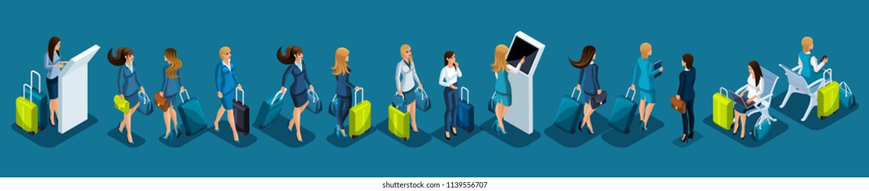 Isometric set of international airport icons, passengers, business lady with luggage on a business trip, transit zone, air line.