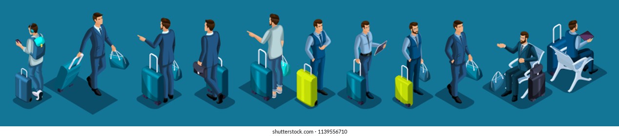 Isometric set of international airport icons, passengers, businessman with luggage on a business trip, transit zone, air lines.