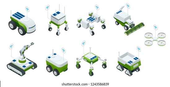 Isometric Set Of Iot Smart Industry Robot 4.0, Robots In Agriculture, Farming Robot, Robot Greenhouse. Agriculture Smart Farming Technology Vector Illustration