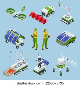 Isometric Set Of Iot Smart Industry Robot 4.0, Robots In Agriculture, Farming Robot, Robot Greenhouse. Agriculture Smart Farming Technology Vector Illustration