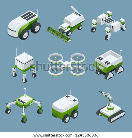 Isometric set of iot smart industry robot 4.0, robots in agriculture, farming robot, robot greenhouse. Agriculture smart farming technology vector illustration