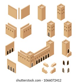 Isometric set of isolated castle walls and towers elements to create medieval knight's castles. Use for game or cartoon asset. Vector illustration