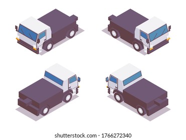 Isometric set of isolated electric towing vehicles. For airports, factories, warehouses. 3d car with shadow