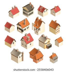 Isometric set of isolated houses with red-tiled roofs on a white background. Clean, minimal design, perfect for mobile games or architectural-themed digital assets.