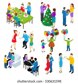 Isometric set of isolated people characters celebrating holidays with couples friend groups children colorful decorations balloons vector illustration
