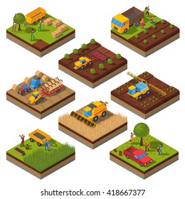 Isometric set with isolated plates of fields and agricultural machines harvesting and people cropping vector illustration