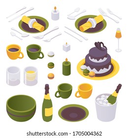 Isometric set of items for a birthday celebration table. Crockery and tableware isolated on white background