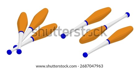 Isometric set of juggler clubs for performing in the circus arena. 3D vector concept isolated on white background