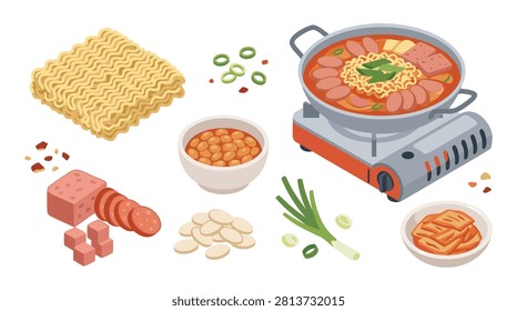 Isometric set of Korean Budae Jjigae Army Stew ingredients including ramen, ham, kimchi, baked beans, green onions, and garlic, with a pot on a portable stove.