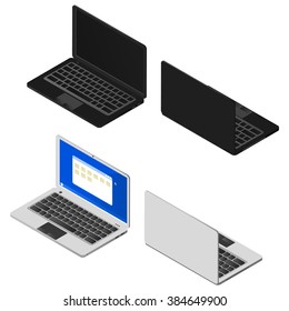 Isometric set of laptops. Black and silver colors. Modern electronic system. Portable personal computer. The display, keyboard and touch pad. Vector illustration.