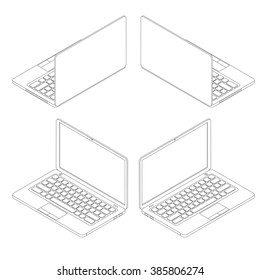 Isometric set of laptops. Linear style. Modern electronic system. Portable personal computer. The display, keyboard and touchpad. Vector illustration.