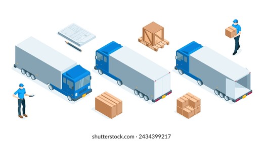 conjunto isométrico de camiones grandes y cajas, en color sobre un fondo blanco, conductor del cargador y guía de circulación, transporte de carga grande