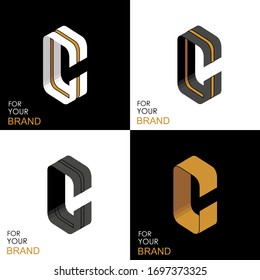 Isometric set letter C. Black, white, gold palette. From stripes, lines. Template for creating logos, emblems, monograms. Black and white options. 3D art symbol. Vector