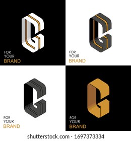 Letra isométrica G. Paleta dorada, blanca y negra. De rayas, líneas. Plantilla para la creación de logotipos, emblemas, monogramas. Opciones en blanco y negro. Símbolo de arte 3D. Vector