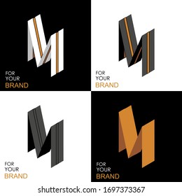 Isometric set letter M. Black, white, gold palette. From stripes, lines. Template for creating logos, emblems, monograms. Black and white options. 3D art symbol. Vector