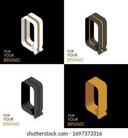 Isometric set letter Q. Black, white, gold palette. From stripes, lines. Template for creating logos, emblems, monograms. Black and white options. 3D art symbol. Vector