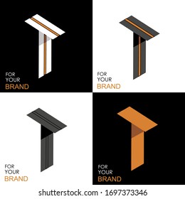 Isometric set letter T. Black, white, gold palette. From stripes, lines. Template for creating logos, emblems, monograms. Black and white options. 3D art symbol. Vector
