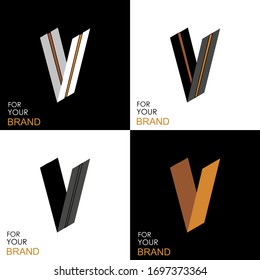 Isometric set letter V. Black, white, gold palette. From stripes, lines. Template for creating logos, emblems, monograms. Black and white options. 3D art symbol. Vector