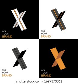 Isometric set letter X. Black, white, gold palette. From stripes, lines. Template for creating logos, emblems, monograms. Black and white options. 3D art symbol. Vector