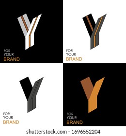 Isometric set letter Y. Black, white, gold palette. From stripes, lines. Template for creating logos, emblems, monograms. Black and white options. 3D art symbol. Vector