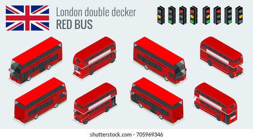 Isometric set of London double decker Red bus. United Kingdom vehicle icon set. 3D flat vector illustration