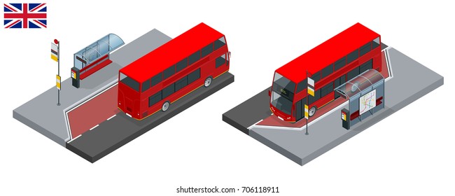 Isometric set of London double decker Red bus and bus stop. United Kingdom vehicle icon set. 3D flat vector illustration. The traditional red Routemaster has become a famous feature of London
